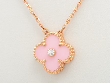 Van Cleef & Arpels Vintage Alhambra Pink Porcelain Sable diamond Necklace on Sale